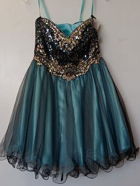 Teal Sequin Embellished Mini Dress with Black Tulle Overlay